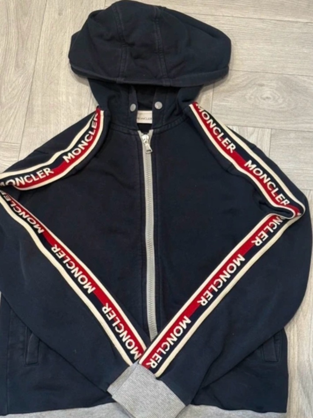 Moncler small Navy Hooded Zip Jacket with Branded Tape
